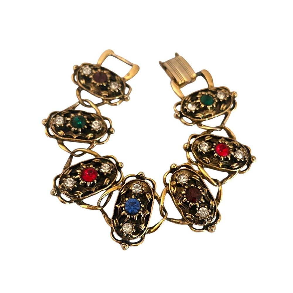 Vintage 1960s Bracelet Multicolor Rhinestone Gold Tone Ornate Link - 5N